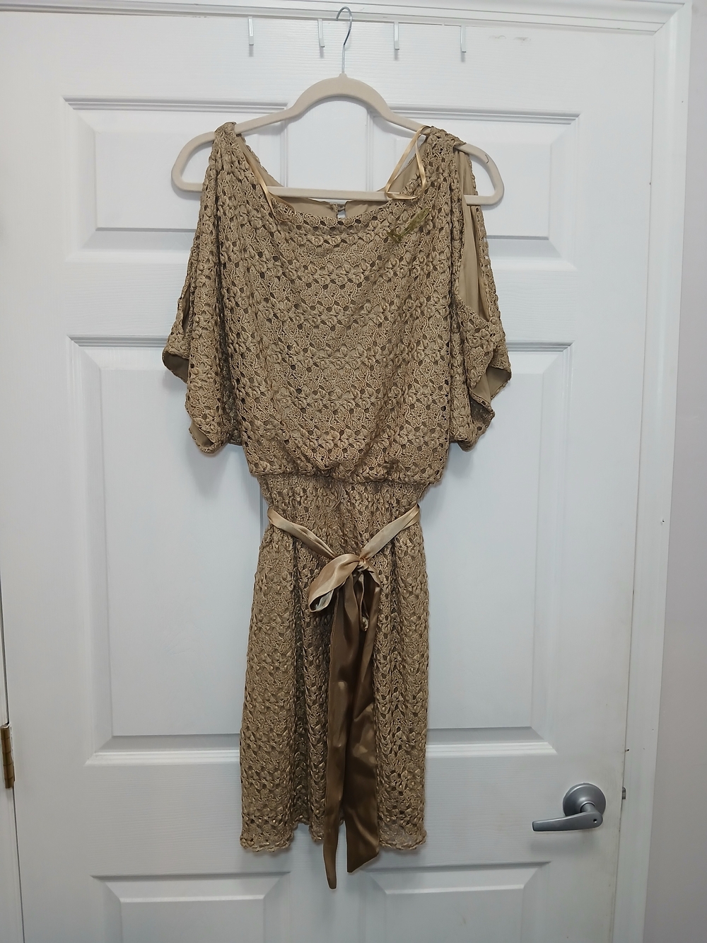Jessica Howard One-Shoulder Crochet Dress in Tan with Satin Waist Tie